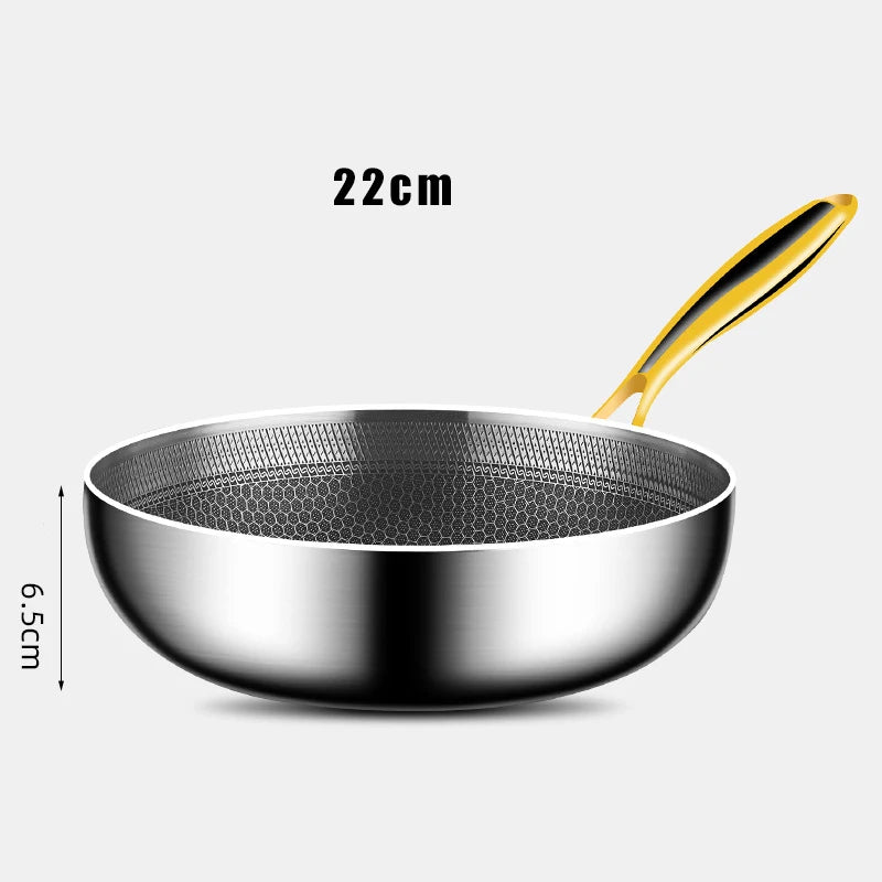 316 Stainless Steel Frying Pan – 22CM Honeycomb Non-Stick Wok – 7-Ply Chef Pan – Gas & Induction Compatible
