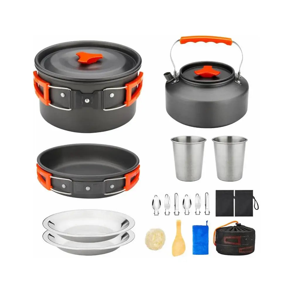 Camping Cookware Set 2-3 Person Aluminum Pots Pans Kettle Kit - Orange