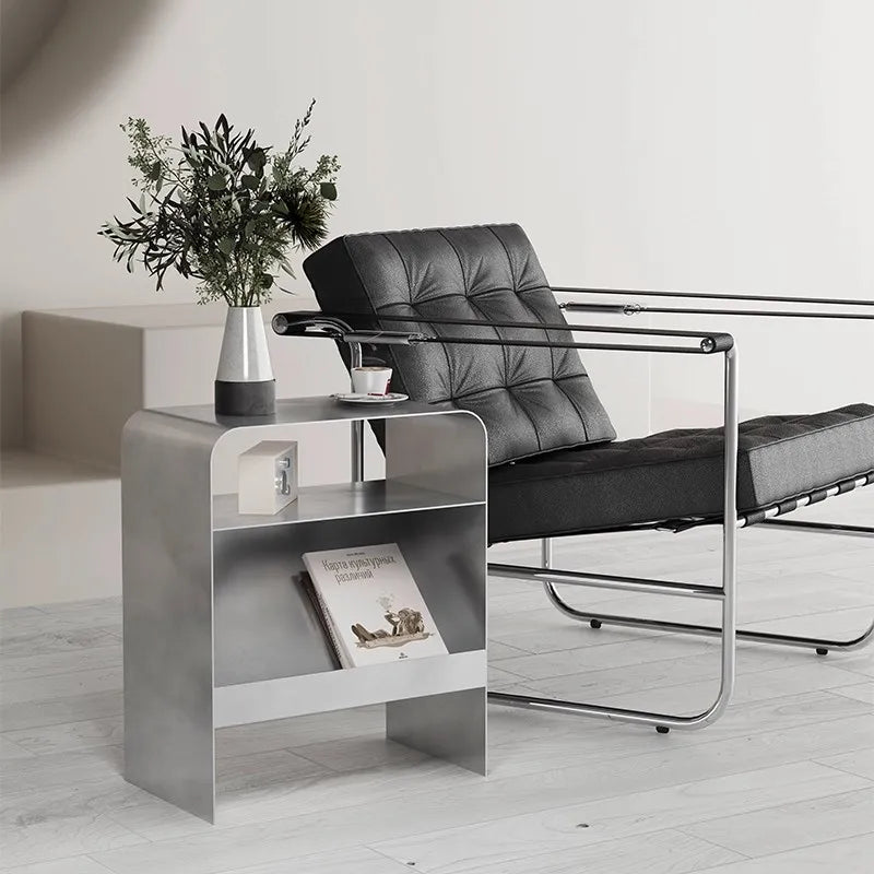 Side Table Iron Frame Built In Storage Rack Compact Bedside Table – Black