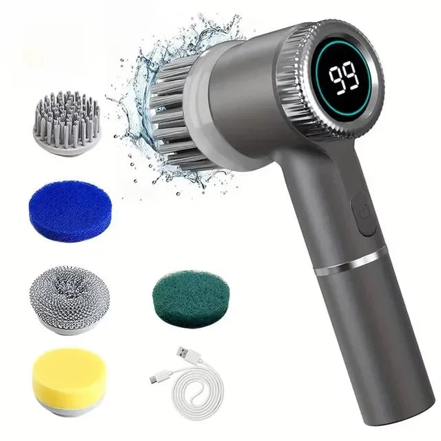 5-in-1 Electric Spin Cleaning Brush USB Rechargeable Cordless Scrubber with LED Display and 5 Brush Heads – Black