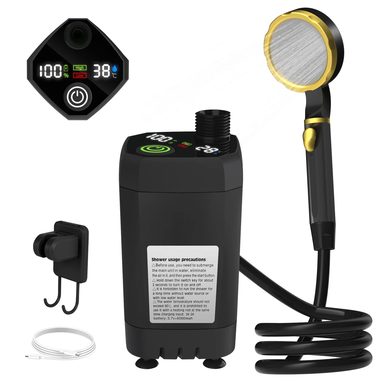 Camping Shower Pump 6000mAh Portable Outdoor Shower Kit with Digital Display - Black