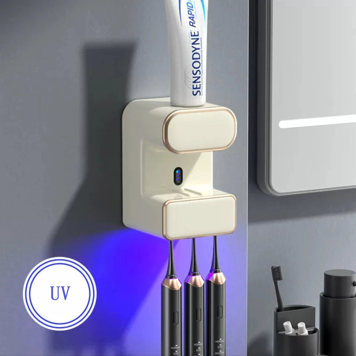 UV Toothbrush Holder Wall Mounted Automatic Toothpaste Dispenser Storage Rack – White