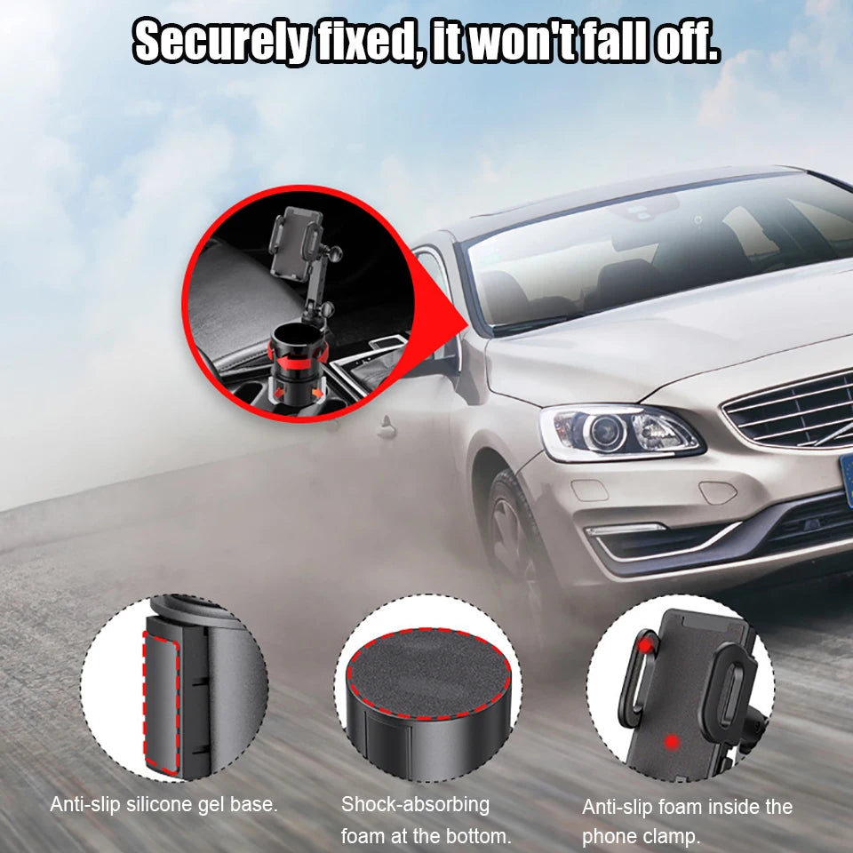 Phone Holder Adjustable Cup Holder Expander 360° Rotating Drink Holder Dashboard Organiser - Black