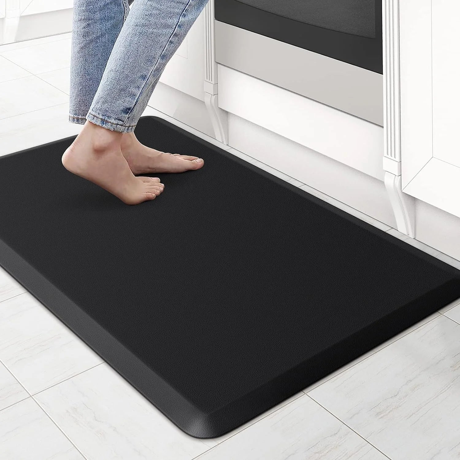 Kitchen Floor Mat Cushioned Waterproof Non Slip Standing Comfort Rug - Black