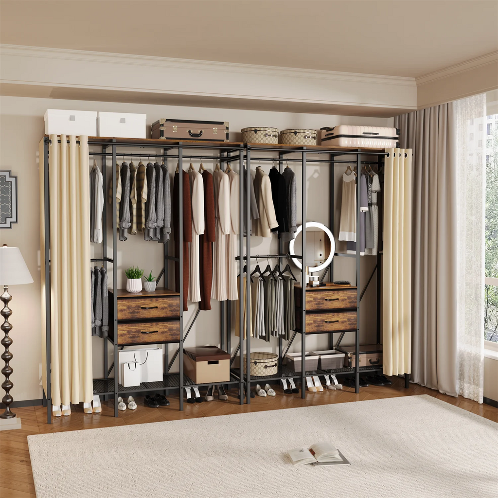 Industrial Clothes Rack Wardrobe with Shelves Drawers and Hanging Rail - Black