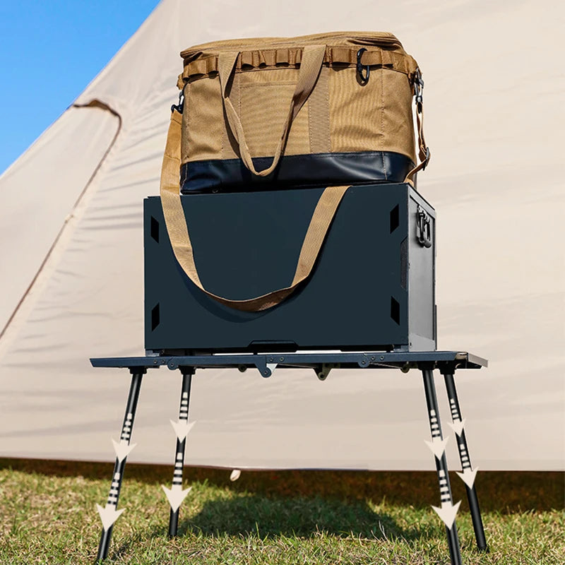 Folding Camping Table Adjustable Height Aluminium Frame with Side Rack - Black
