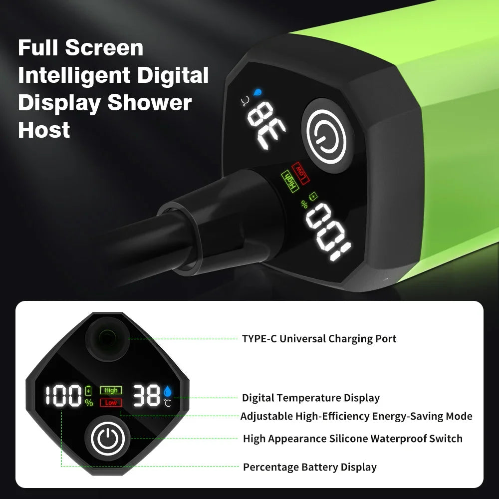 Portable Camping Shower Pump RV Outdoor Shower Kit with Digital Display Adjustable 6000mAh - Green