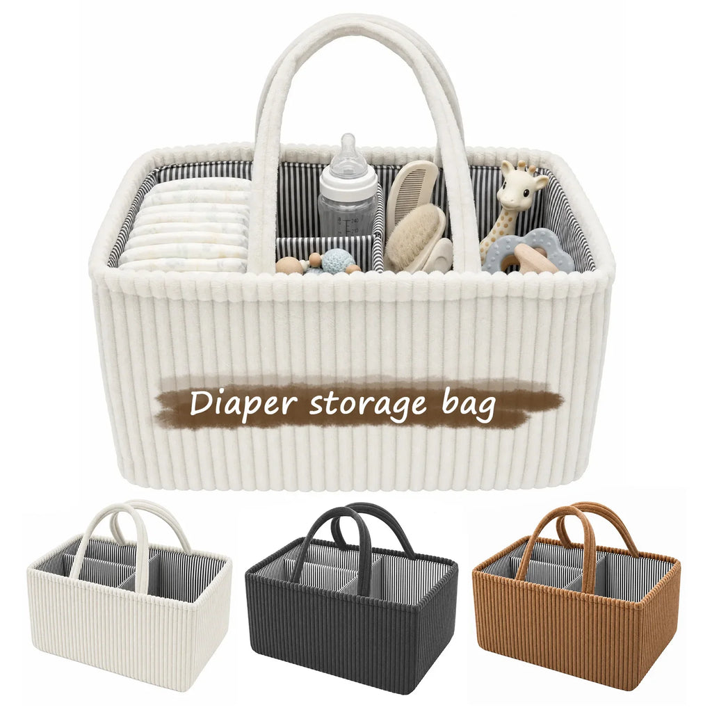 Foldable Diaper Caddy Organizer Corduroy Felt Storage Basket With Handles - Brown