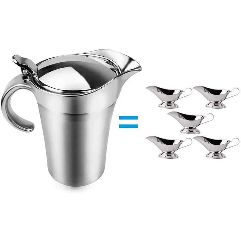 Gravy Jug 750 mL Stainless Steel Double Wall Sauce Boat with Hinged Lid - Silver
