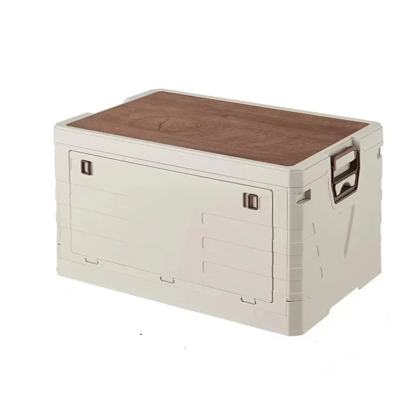 55L Foldable Camping Storage Box Portable Car Organizer with Wooden Lid and Carry Handles