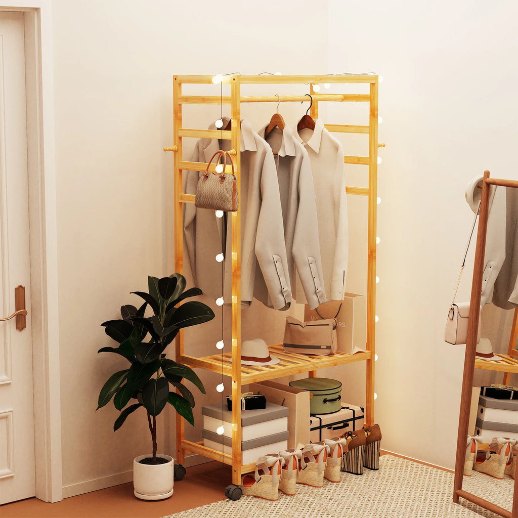 Bamboo Garment Rack with Shelves and Rolling Wheels Freestanding Clothes Hanging Organizer – Natural Wood
