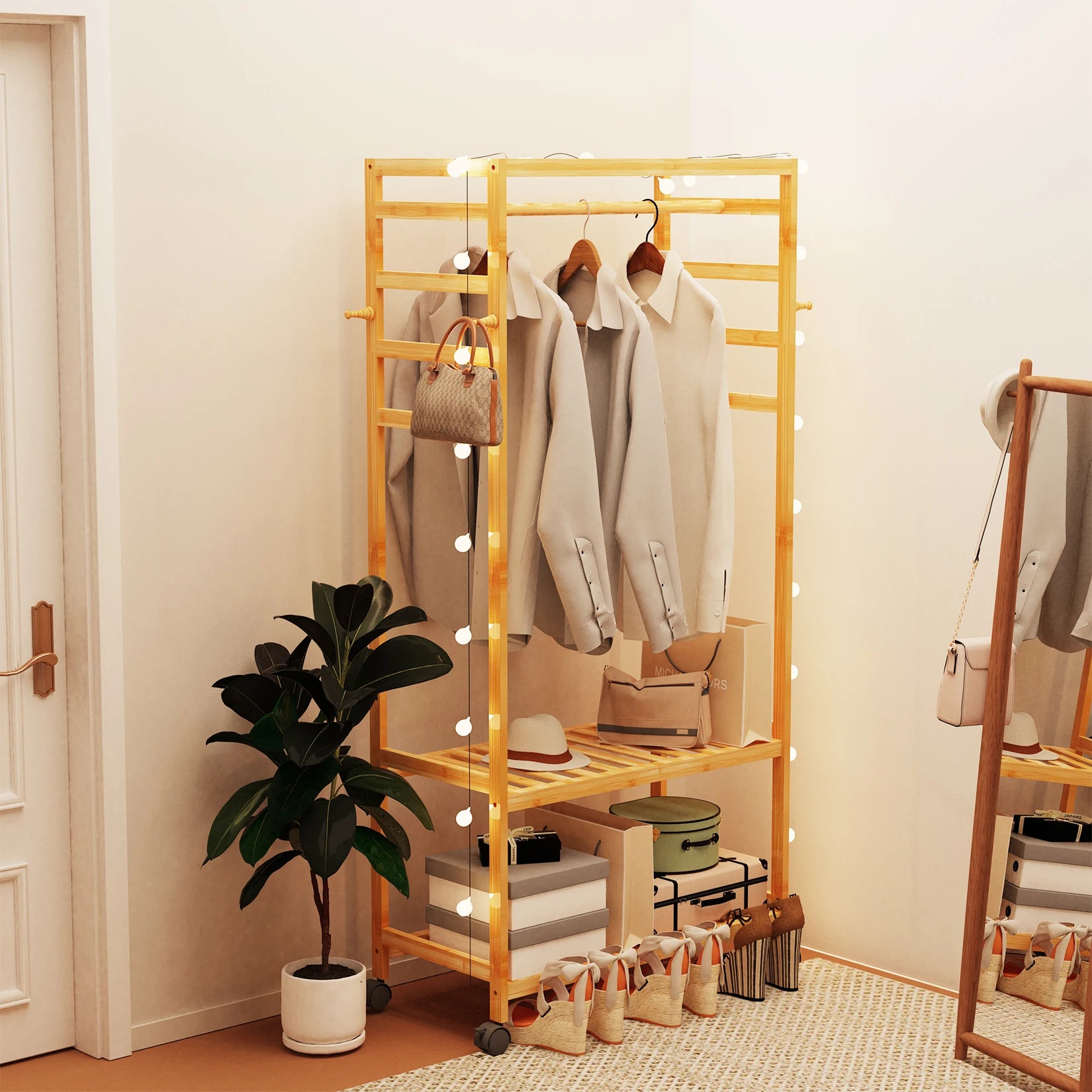 Bamboo Garment Rack with Shelves and Rolling Wheels Freestanding Clothes Hanging Organizer – Natural Wood