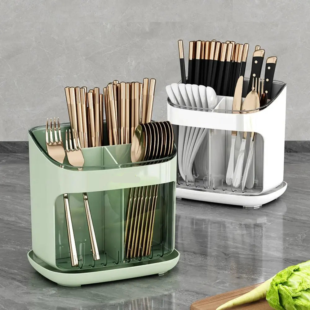 Large Capacity Chopstick Holder Cutlery Organizer with Drainage Tray and Detachable Storage Box – Grey