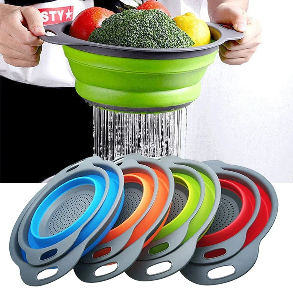 Collapsible Silicone Colander Foldable Fruit Vegetable Drain Basket 30cm Kitchen Strainer – Red