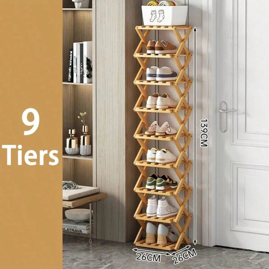 Shoe Rack 9 Tier Foldable Bamboo Storage Organiser for Entryway and Bedroom