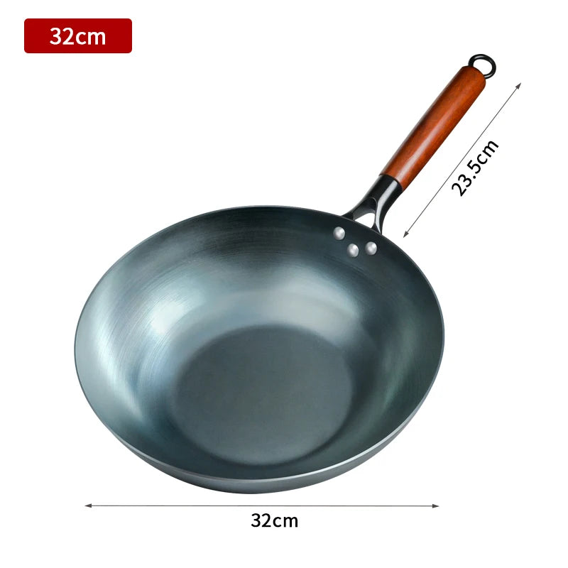 Carbon Steel Wok Pan 32cm Flat Bottom Stir Fry Cookware Beech Wood Handle