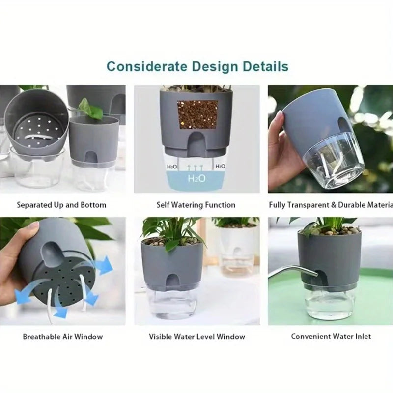 5Pcs Self Watering Planters Large L Wicking Flower Pots With Watering Bottle - White
