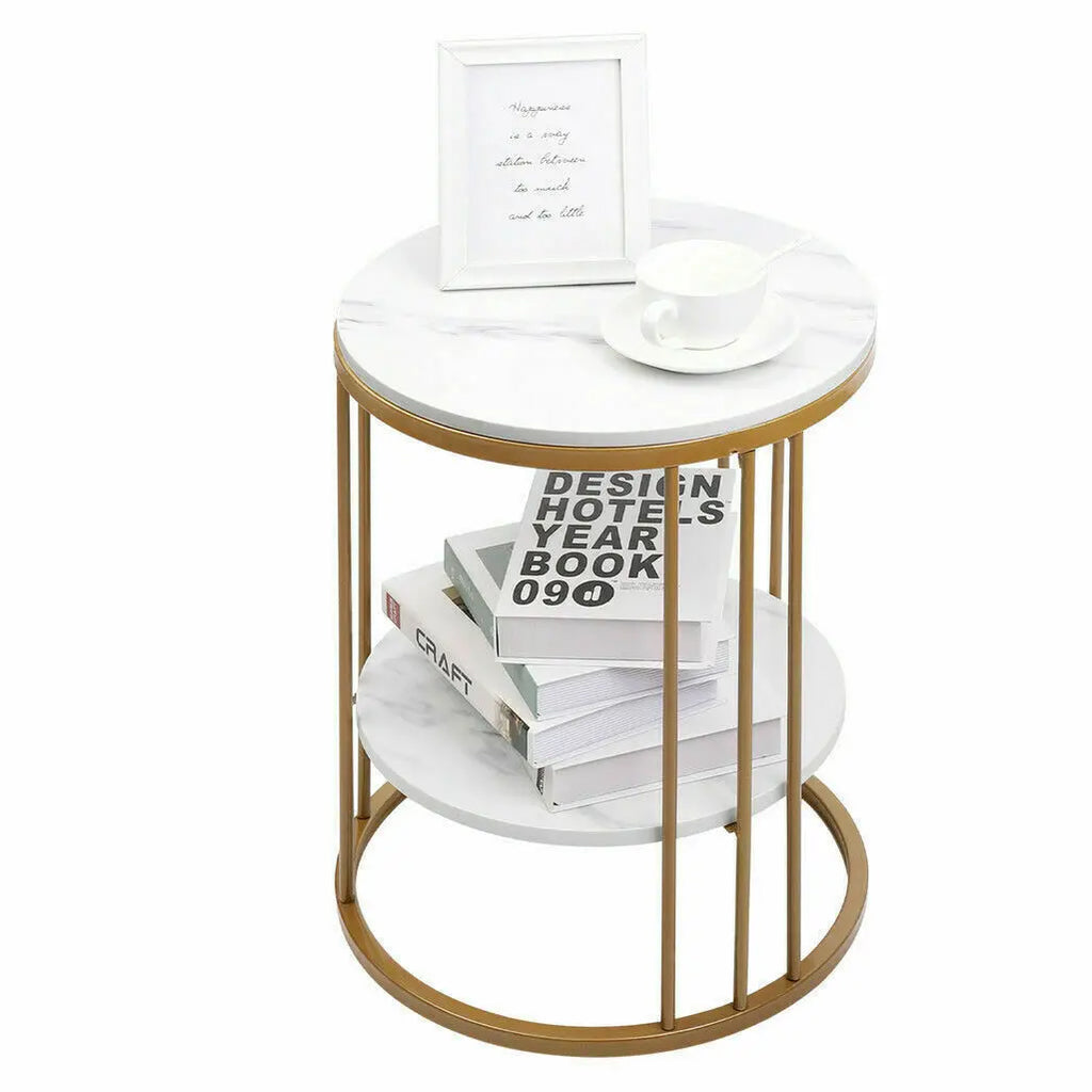2-Tier Round Side Table with Marble-Style Top and Storage Shelf Gold and White