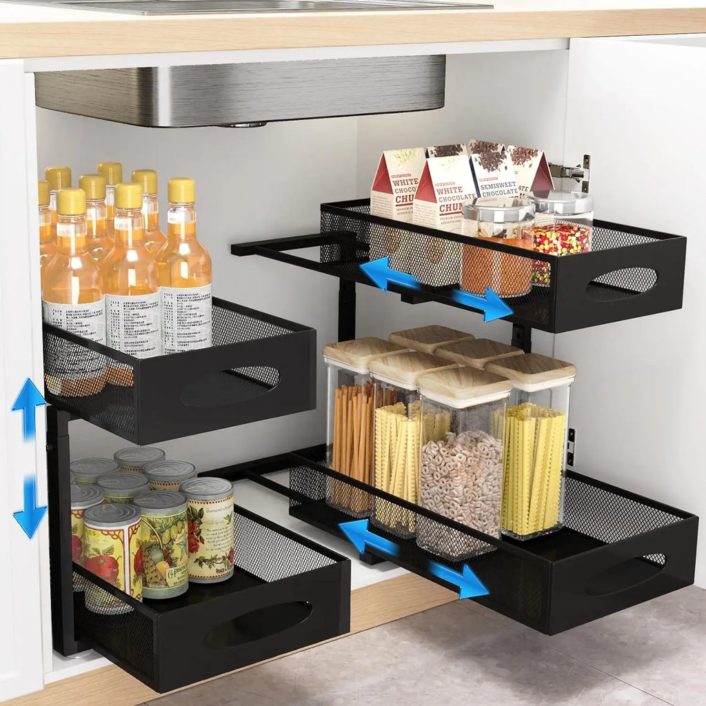 Under Sink Organizers and Storage – Adjustable 2 Tier Metal Pull-Out Cabinet Organizer – Bathroom, Kitchen, Pantry - Black