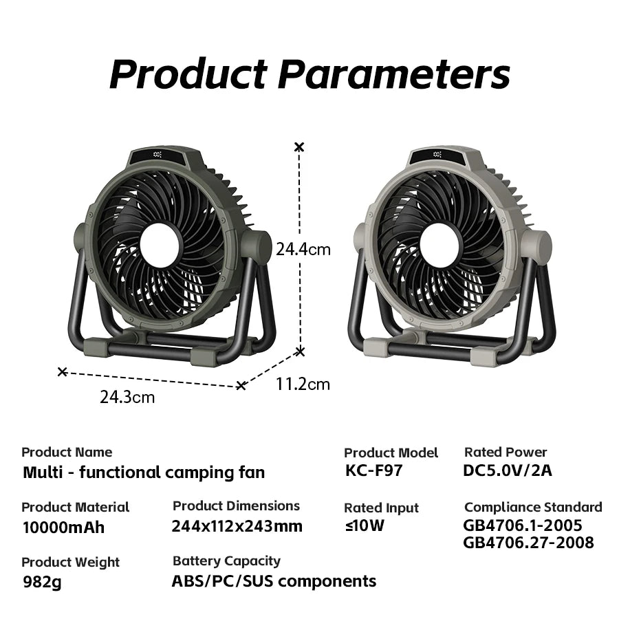 Camping Fan 10000mAh Rechargeable Portable Tent Air Circulator with LED Light – Khaki