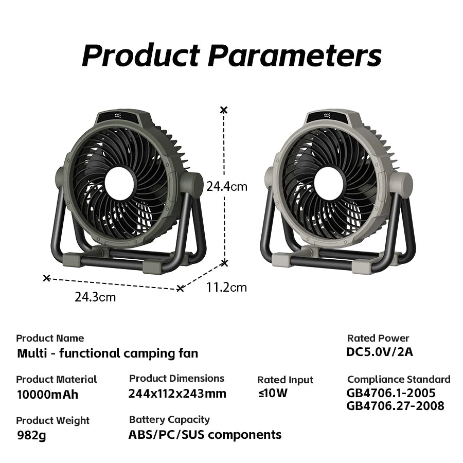 Camping Fan 10000mAh Rechargeable Portable Tent Air Circulator with LED Light – Green