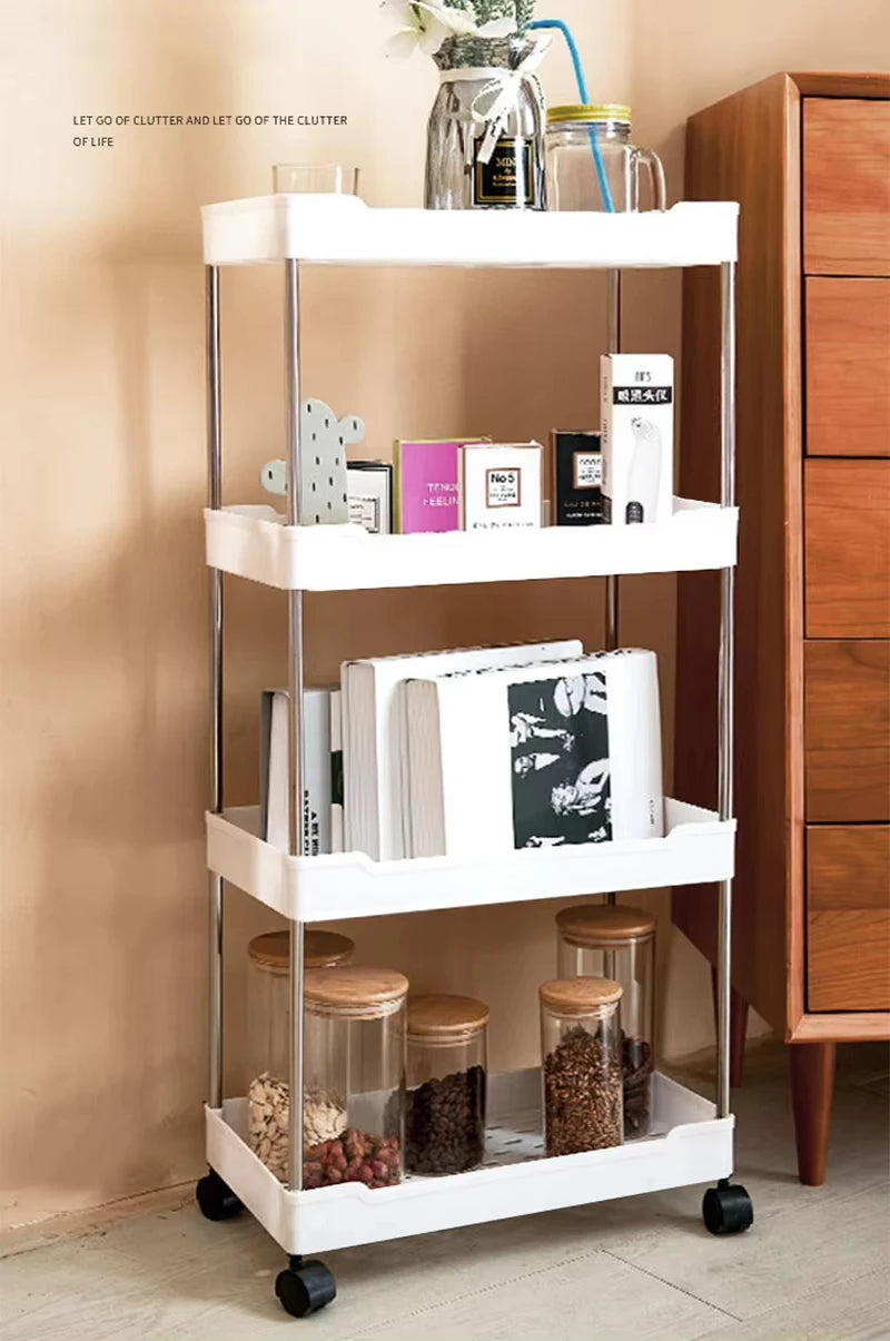 4 Tier Slim Rolling Storage Cart Movable Gap Organizer Shelf Rack for Kitchen Bathroom and Living Room – White