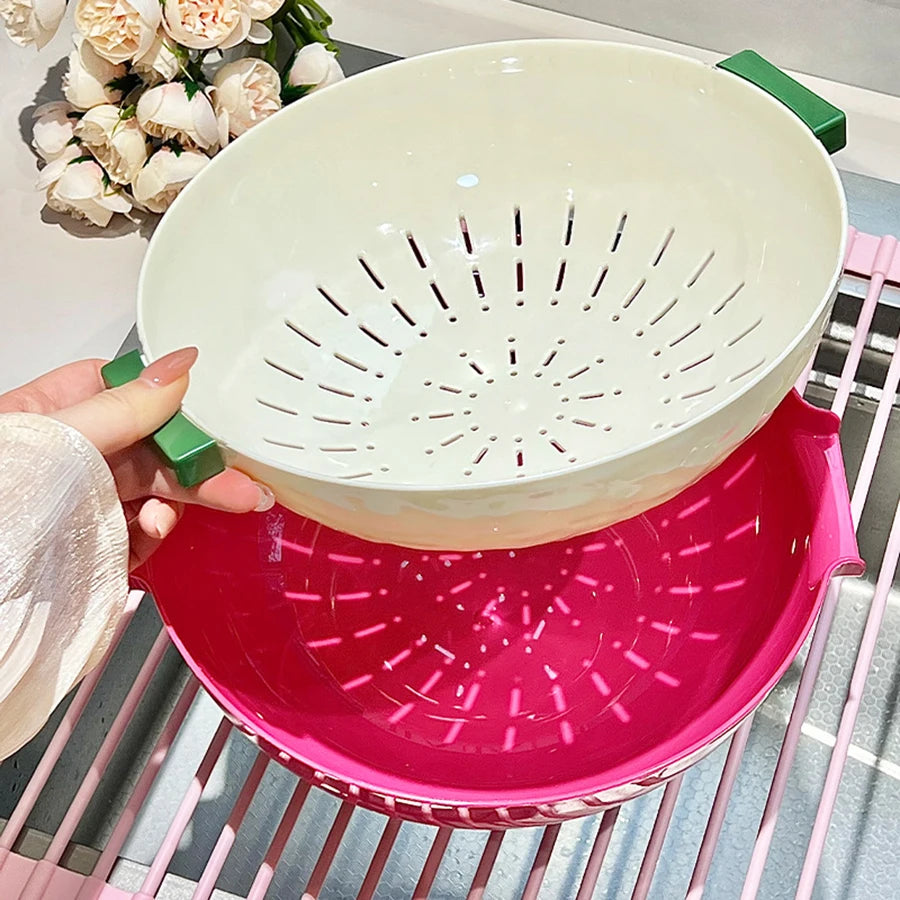 Double-Layer Draining Basket Fruit and Vegetable Wash & Storage Basket – Red