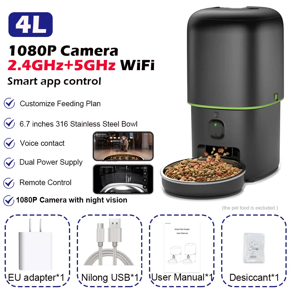 Pet Feeder 4L 1080P Camera WiFi App Controlled Automatic Meal Dispenser with Stainless Steel Bowl