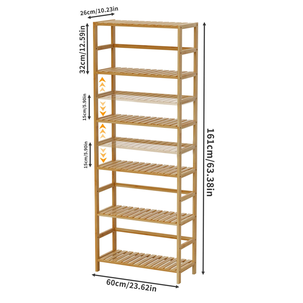 6 Tier Bamboo Storage Shelf Freestanding Bookcase Adjustable Shelving Unit for Living Room Bathroom and Kitchen – Natural Wood