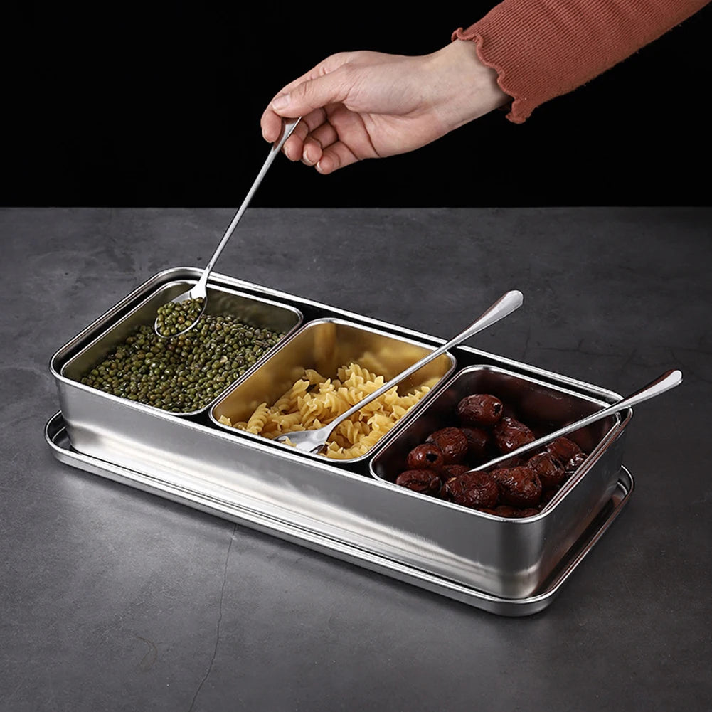 Seasoning Box 3 Grid 630mL Stainless Steel Spice Storage Container Set with Lid and Spoons - Silver