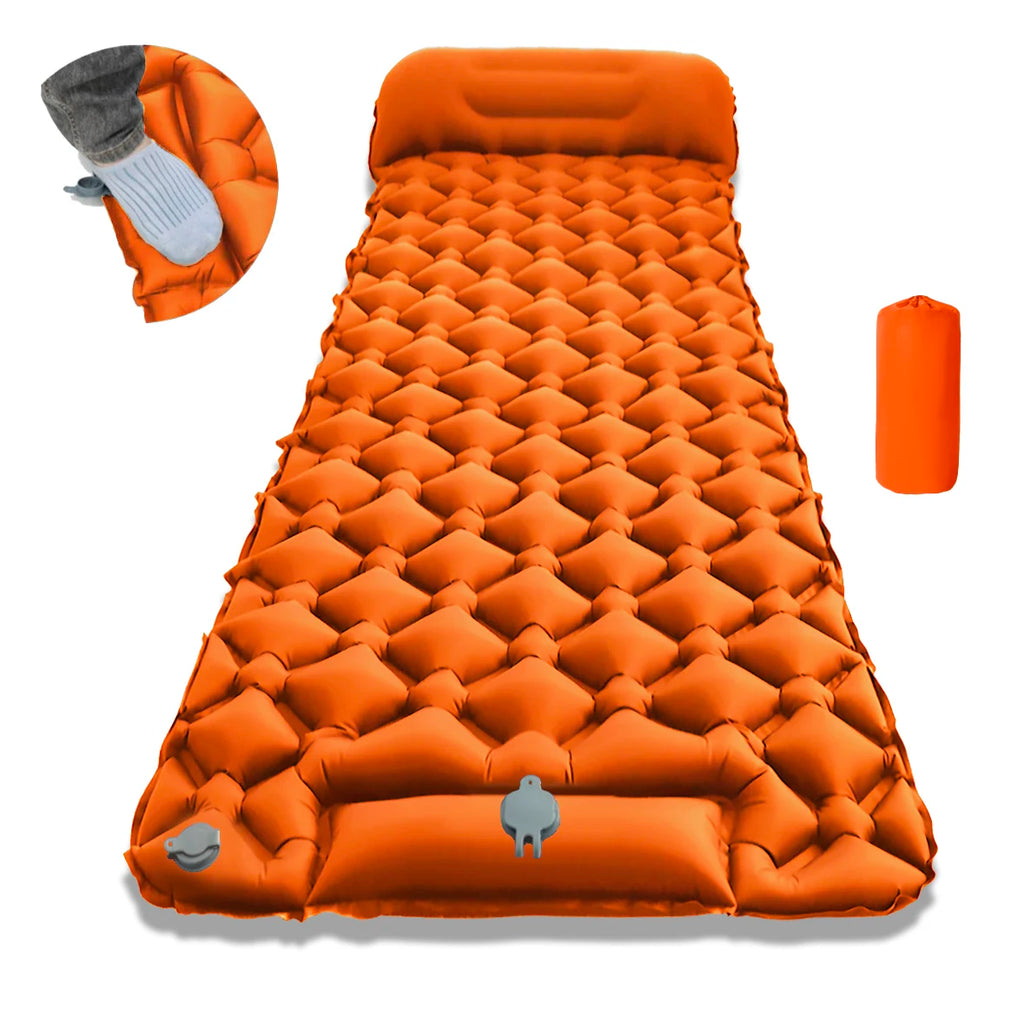 Camping Sleeping Pad Inflatable Mattress 190cm Ultralight Air Bed Built-in Foot Pump – Orange