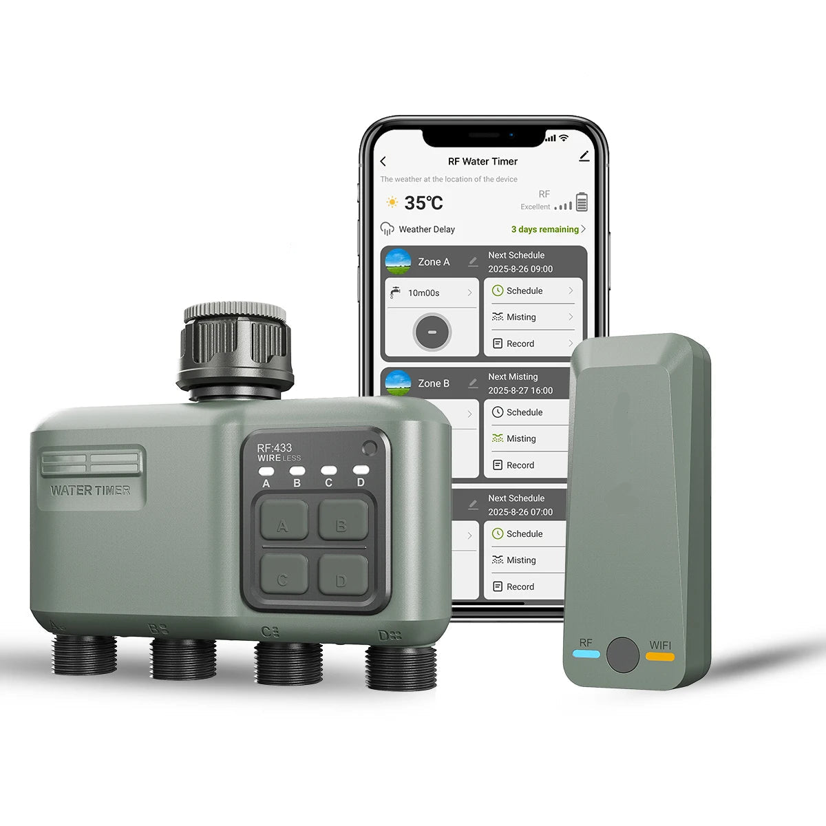 Smart WiFi RF433 Garden Sprinkler Water Timer 4 Outlet Programmable Automatic Irrigation Controller with Rain Delay