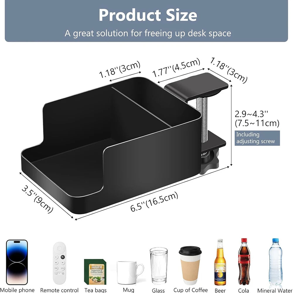 Under Desk Storage Cabinet with Cup Holder and Phone Stand Clamp-On Desk Organizer No Drill Installation – Black