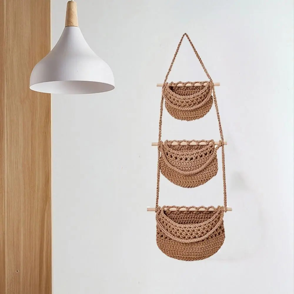 3 Tier Cotton Rope Hanging Storage Basket Wall Mounted Organizer – White