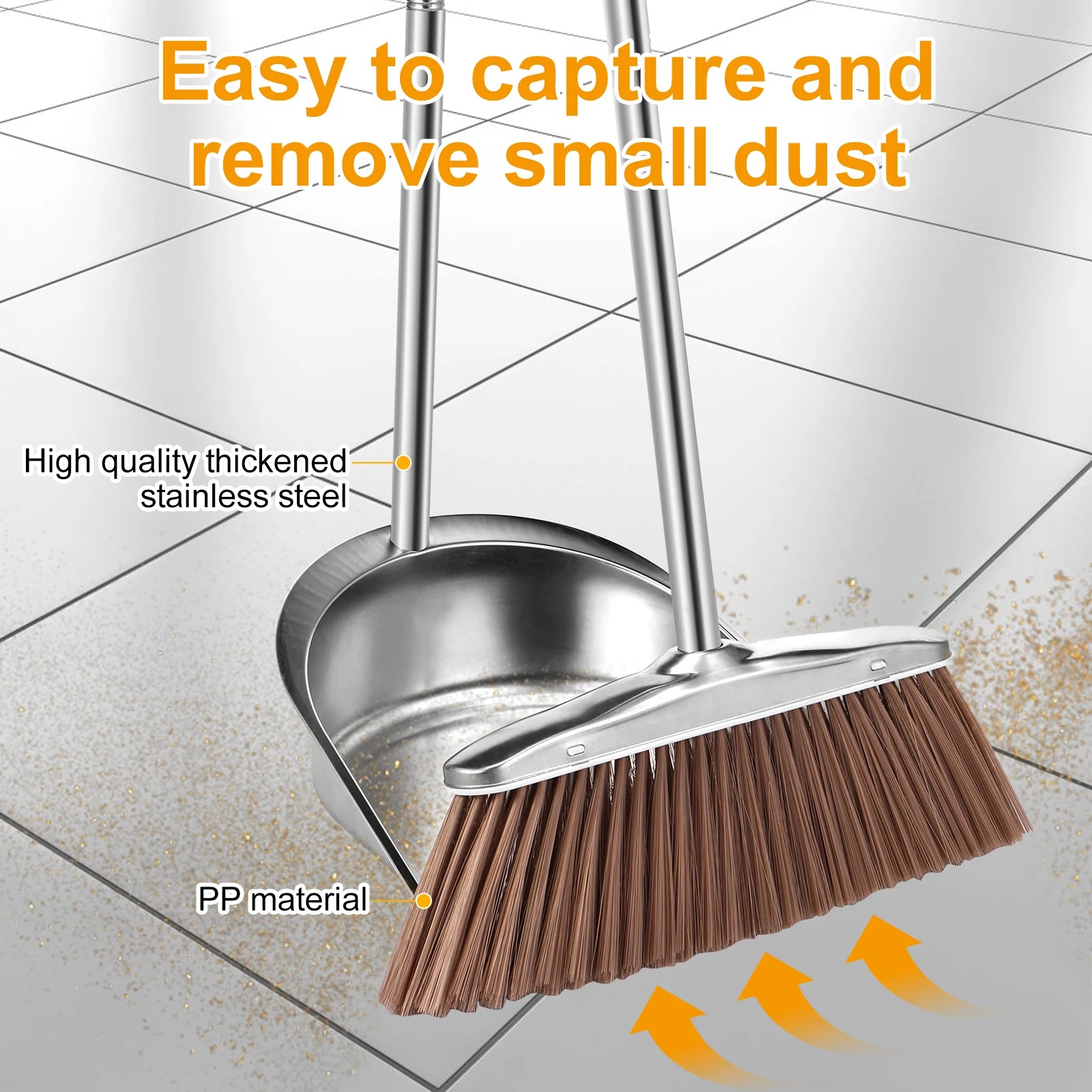 Broom and Dustpan Set Stainless Steel Long Handle Sweeping Cleaning Combo Round Dustpan