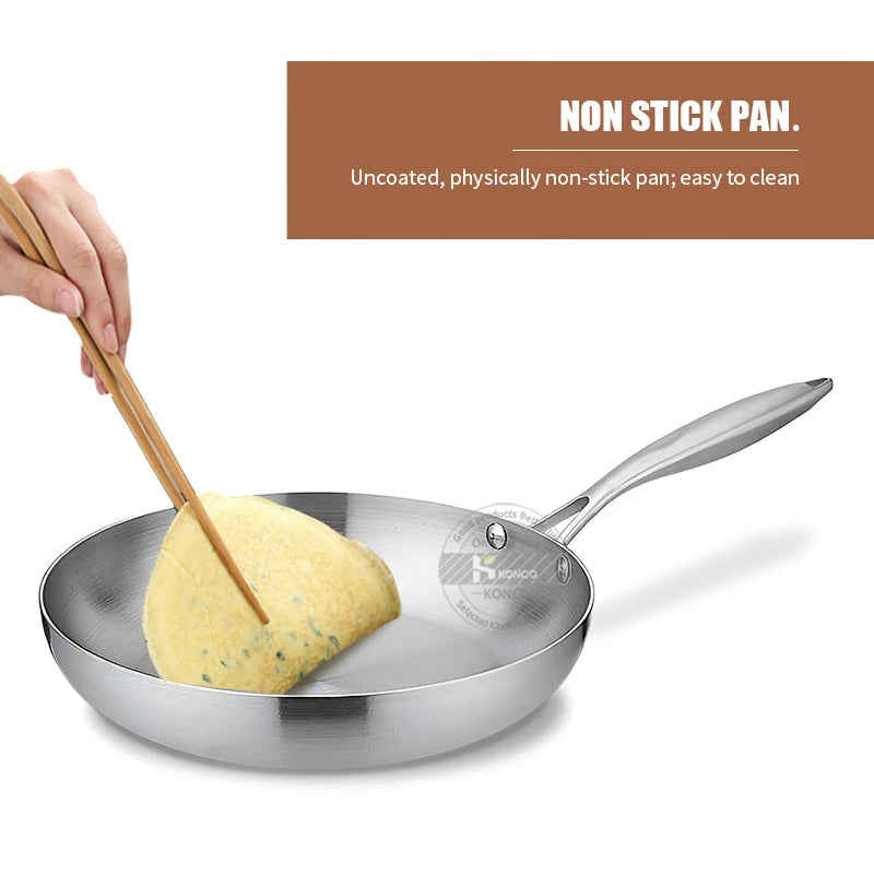 Frying Pan 26cm Stainless Steel Flat Bottom Uncoated Cookware Anti-Scald Handle
