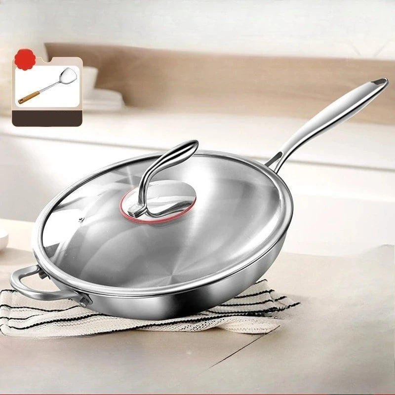 Wok Pan 34cm 316 Stainless Steel Round Bottom Stir Fry Cookware with Glass Lid