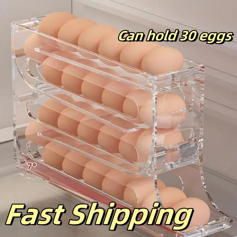 4 Tier Automatic Roll-Out Egg Storage Rack Refrigerator Egg Organizer Holder for Up to 30 Eggs – White