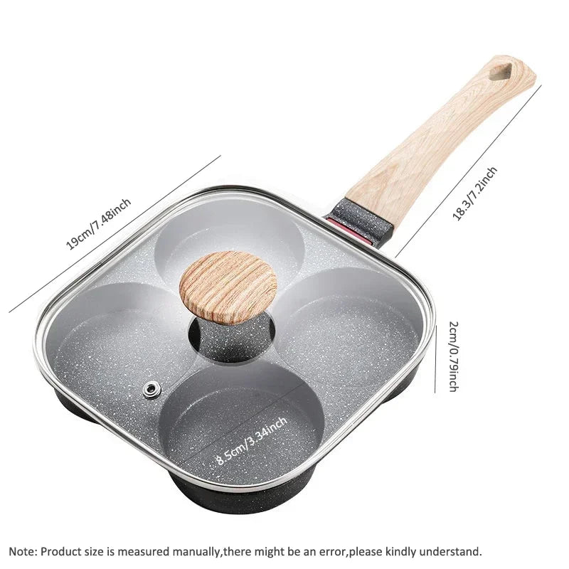 Omelet Pan 4 Hole Non Stick Frying Pan with Glass Lid for Gas and Induction Cooking - Black