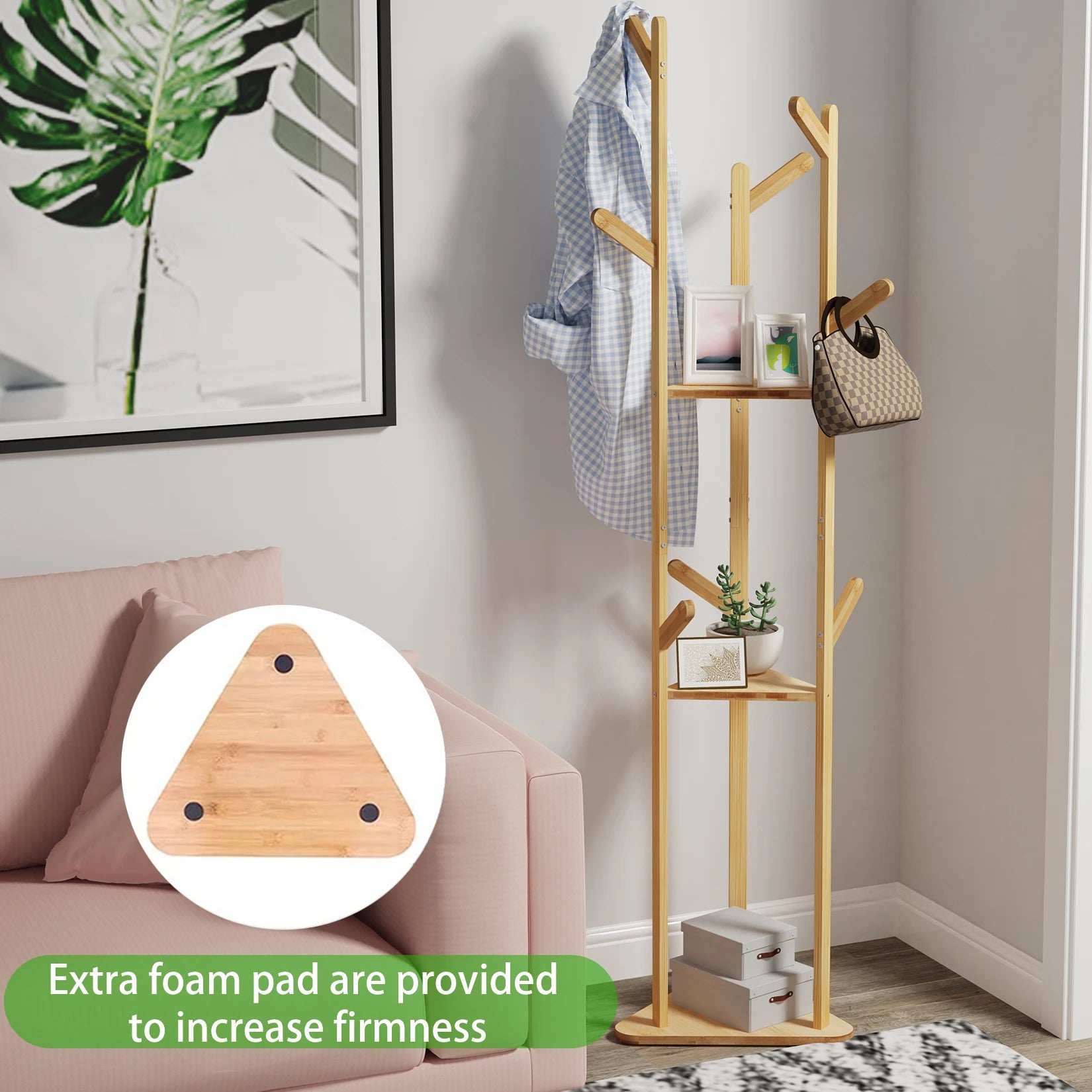 Bamboo Corner Coat Rack with Shelves Freestanding Clothes Hanger Tree Stand with 9 Hooks – Natural Wood