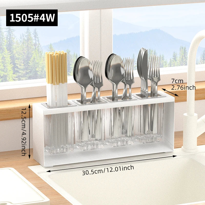 Cutlery Holder 4 Compartment Auto Draining Kitchen Utensil Drying Rack Countertop Organiser – White