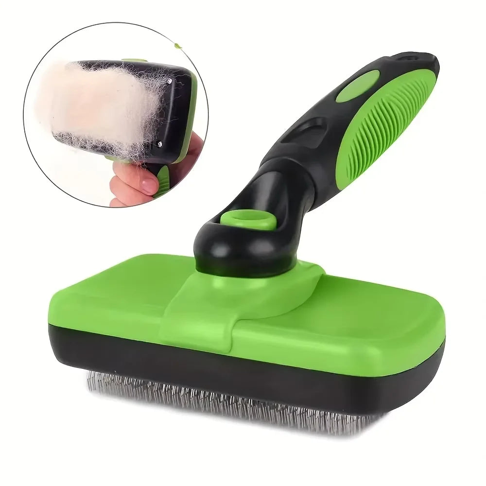 Pet Grooming Brush Self Cleaning Shedding Comb 60° Curved Bristles Ergonomic Handle - Yellow