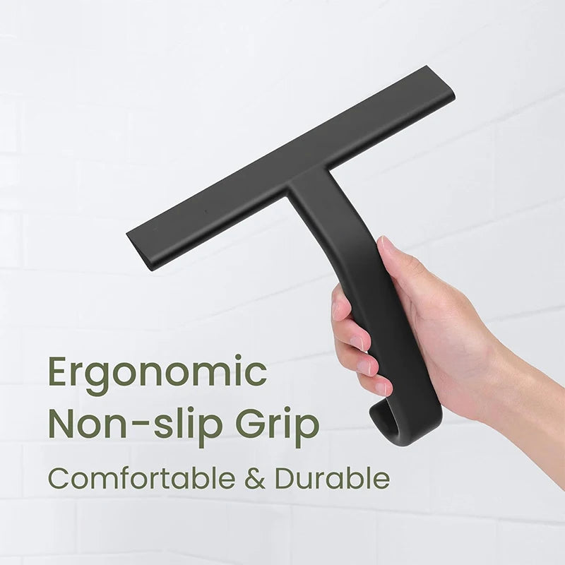 Silicone Glass Squeegee Window Bathroom Wiper with Hook T Handle - Black