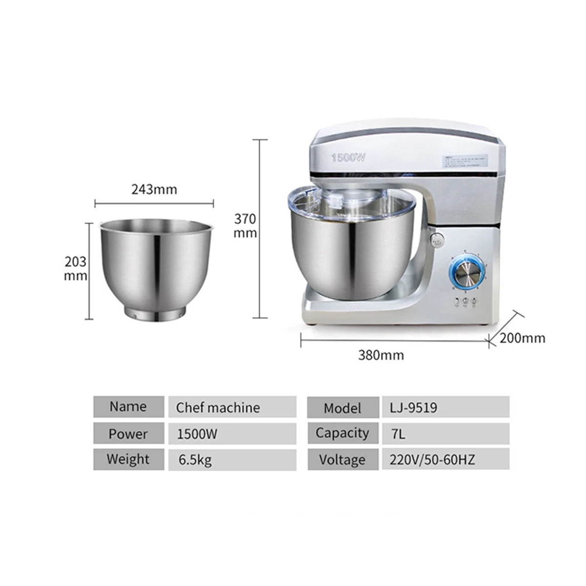 Stand Mixer 7L 1500W Electric Kitchen Mixer with Stainless Steel Bowl 6 Speed Planetary
