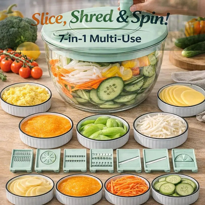 7-Piece Multifunction Salad Spinner Set Vegetable Washer Chopper Slicer Grater – White