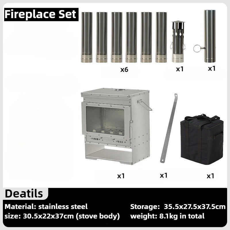 Camping Tent Stove Stainless Steel Wood Burning Heater with Glass Window – Silver