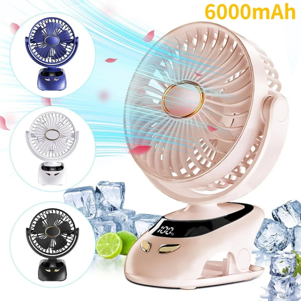 Rechargeable Clip-On Fan with 6000mAh Battery, 5 Speeds & Digital Display – Pink