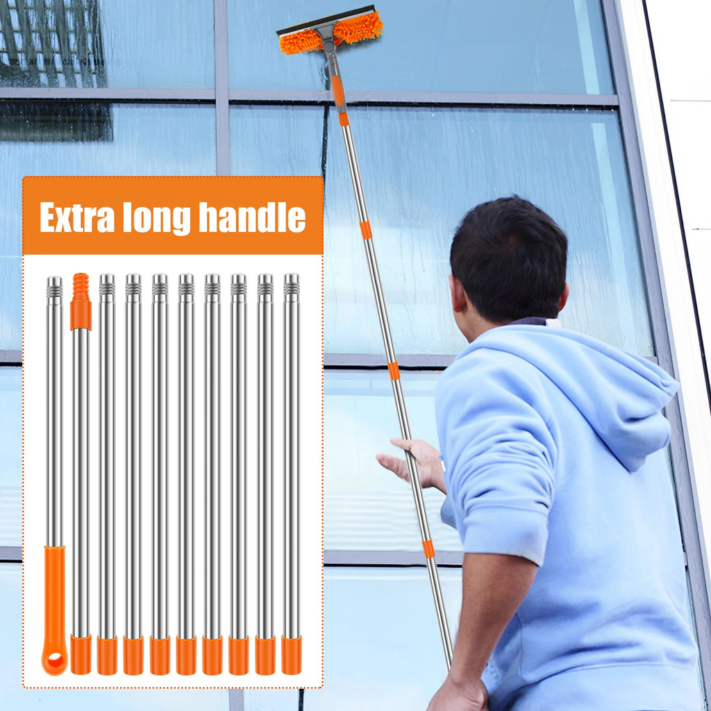 Window Cleaning Kit Extendable 2 in 1 Squeegee Mop 420cm Adjustable Pole with Microfiber Head - Orange