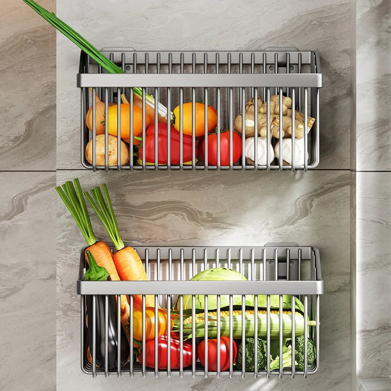 No Drill Wall Mounted Kitchen Storage Rack Metal Spice Organizer Vegetable Basket Shelf – White