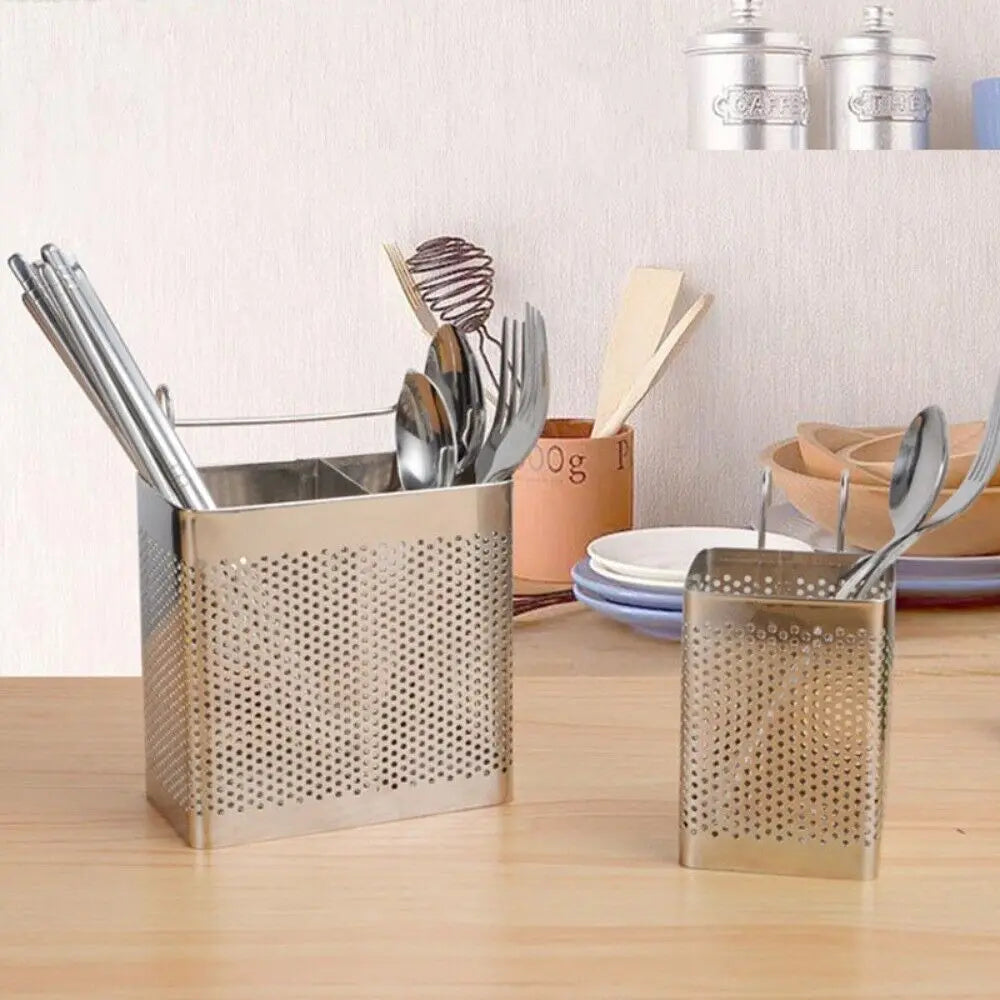 Chopstick Holder Stainless Steel Double Grid Utensil Drainer with Hooks - Silver